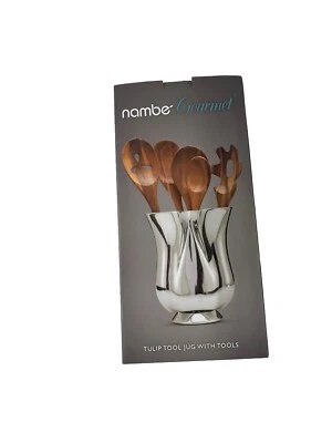 Jarra de herramientas Nambe Tulipán con juego de herramientas de cocina de 5 piezas, aleación de metal, madera de acacia Foto 1 de 4