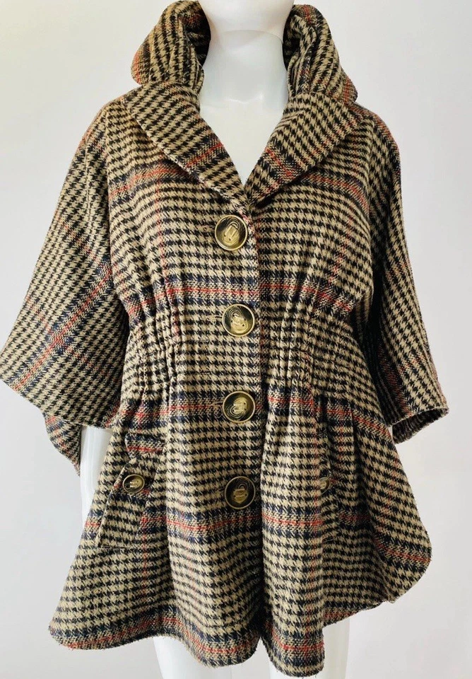 Poncho Jolt Cape Beige a Cuadros ~ Botones Grandes Cintura Cintada Completamente Forrado Talla M Foto 1 de 4
