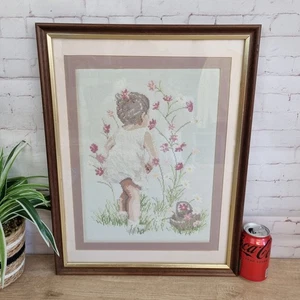 Tapiz Janlynn Niña y Flores Rosas Punta Aguja Cuadro Esmaltado, Enmarcado - Imagen 1 de 21