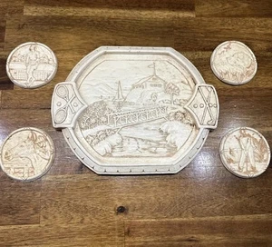 Vintage Syroco Wooden Tray Coasters Carved Wood Antique Tray Golf Tennis Sports - Picture 1 of 16