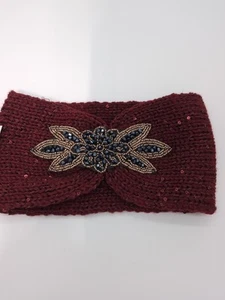 Ladies Beaded Hair Band/Headband Maroon w/Blue Rhinestone Knit Winter - Picture 1 of 3