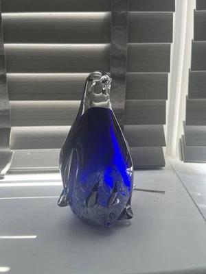 Penguin Vintage Art Glass Figurine with 2 Chicks Blue and Clear - Image 1 of 3