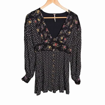 Blusa Free People Boho Floral Mujer S Negra Multicolor Campesina Hippie Túnica Top Foto 1 de 4