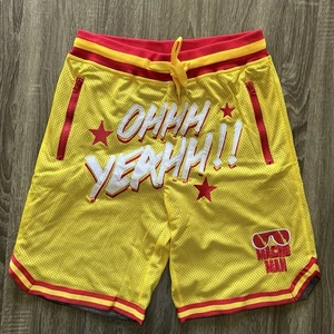 WWE Macho Man Randy Savage Shorts Ohhh Yeahh! Mens Size Large Mesh Gym Yellow - Picture 1 of 12