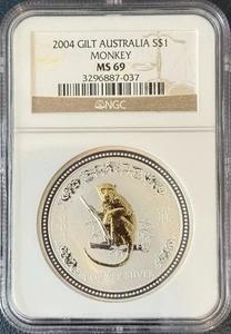 2004 Australia GILT GILDED $1 Lunar Year of MONKEY NGC MS69 Silver Coin 🐒RARE🐒 - Picture 1 of 8