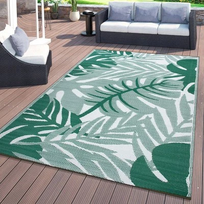 Rugshop Outdoor Rugs Tropical Leaf Reversible Recycled Plastic Patio Rugs Green