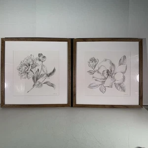 Paar moderne Blumen Kunstdrucke Blume schwarz & weiß Tusche Zeichnungen Wandbehang - Bild 1 von 16