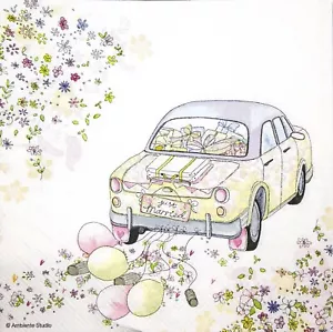 M680# 3 x tovaglioli di carta singoli per decoupage appena sposati matrimonio auto fiori - Foto 1 di 11
