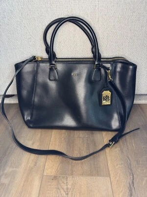 EUC $228 Lauren Ralph Lauren Black Saffiano Leather Newbury Stefanie II Satchel - Image 1 of 4