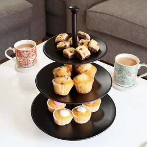 3 Tier Cake Stand Matt Black Metal Round Food Serving Afternoon Tea Tableware - Picture 1 of 5