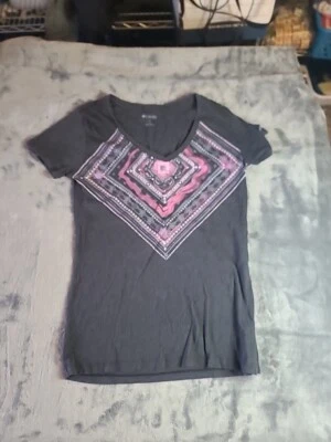 COLUMBIA футболка женщин размер S/P пейсли печать черный хлопок v-образным вырезом TB138 - Изображение 1 из 4