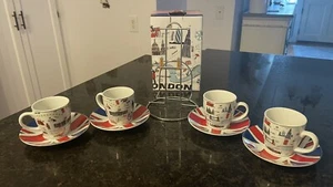 Classic British Edition Espresso Cups & Saucers~ Anglophile~ SET OF 4~ 9 PC~NEW - Picture 1 of 16