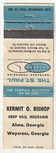 MATCHBOOK COVER - KERMIT BISHOP - ALMA & WAYCROSS GEORGIA - ST. PAUL INSURANCE - Bild 1 von 3
