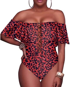Tempt Me One Piece Off The Shoulder Swimsuit Women’s Size S Leopard Print Red - Picture 1 of 7