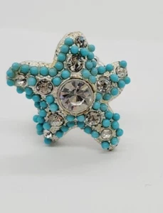 Starfish Cocktail Stretch RING ONE SIZE Silver Tone Turquoise Color Beads OSFM - Picture 1 of 6