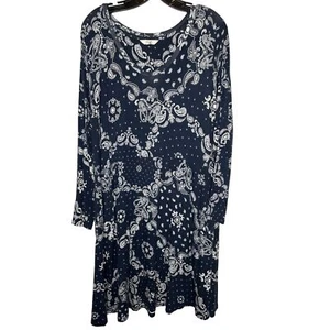 TERRA & SKY WOMEN'S NAVY-BLUE/WHITE PAISLEY LIGHTWEIGHT SOFT KNIT DRESS SZ 1X - Picture 1 of 3
