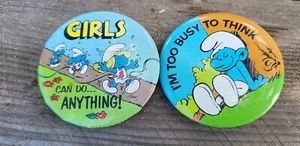2 Smurfs Vintage Pin Button Badge Set I'm To Busy Think & Girls Can Do Anything  - Picture 1 of 3