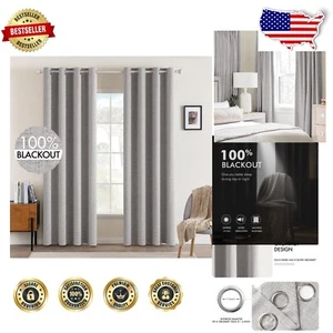 Faux Linen Room Darkening Curtains - Elegant Grommet Blackout Drapes - 52x96 In - Picture 1 of 9