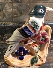 VINTAGE HAND PAINTED BIRD ON A FLOWERING BRANCH PLANTER VASE