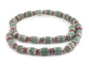 Green Java Chevron Beads 16x10mm Indonesia Multicolor Oval Glass Large Hole - Picture 1 of 1