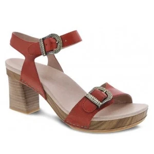 Dansko Anna Heeled Sandals Chunky Heels Coral Orange Leather size 39 US 9 Shoes - Picture 1 of 12