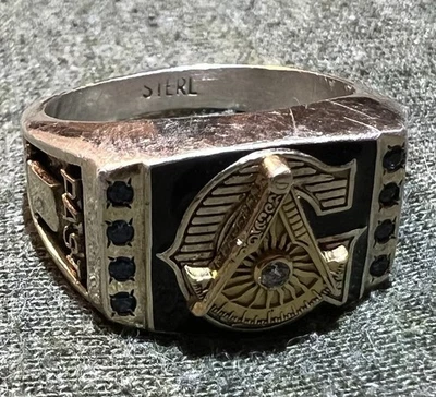 Anillo maestro masónico pasado plata de ley tamaño 10,5 diamantes y zafiros Foto 1 de 4