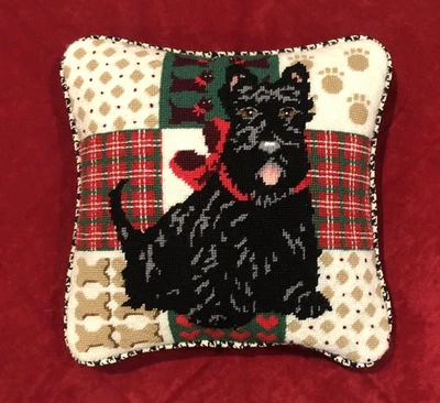Unique Handmade Wool Needlepoint Christmas Scottie Schnauzer Dog 12” Pillow Zip - Image 1 of 4
