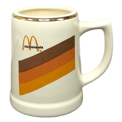 Caneca de cerâmica McDonald's Stein aro dourado retrô marrom laranja listra logotipo copo branco - Imagem 1 de 4