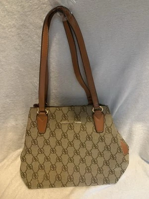 Bolso de mano Adrienne Vittadini estampado de firma monograma italiano marrón correas Foto 1 de 4