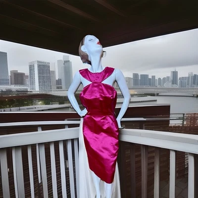 Mini Vestido de Cóctel Vintage Años 60 Fucsia Satinado Cuello Halter, Vintage Talla 14 Foto 1 de 4