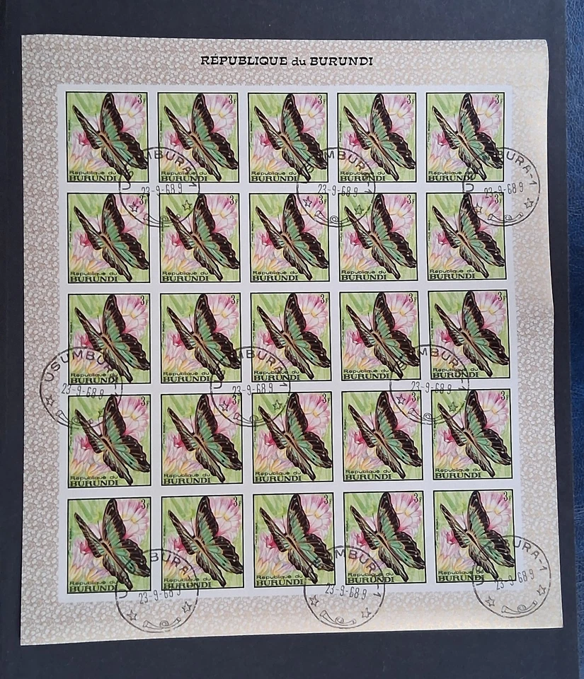 Burundi 1968 Butterflies FULL sheet 3f  IMPERFORATE CTO OG RRR - Image 1 of 1