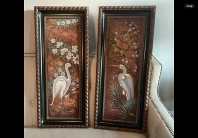 2 Vintage Original Framed White Crane Bird Canvas Oil Paintings - Image 1 of 4