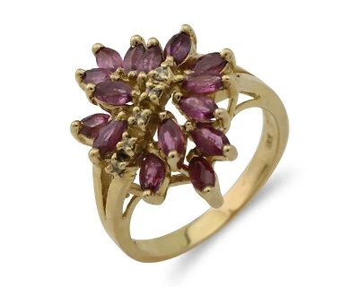 Women Natural Ruby & Diamond Cluster Ring in Solid 10k Yellow Gold - Image 1 of 4