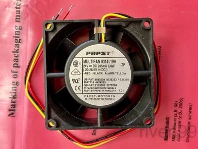 PAPST 24VDC 8314 /19H Fan, 24V, Ball-bearing, 80mm, 5000rpm, 6W, 47CFM, Alarm - Image 1 of 4