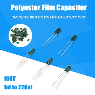Condensador de película de poliéster 100V 1nf a 220nf ±5% varios valores 2A102J/102/104/152 Foto 1 de 4