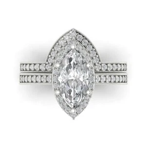 2.16ct Marquise Bridal Wedding anniversary Ring band set 14k White Solid Gold - Picture 1 of 11