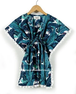 Banana Leaf Print Beach Wear Kids Girls Kaftan Boho Short Dress Beach Look Dress - Picture 1 of 4