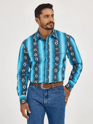 Wrangler Men's Checotah® Long Sleeve Snap Printed Shirt Sea Salt Blue-112365886 - Image 1 of 3
