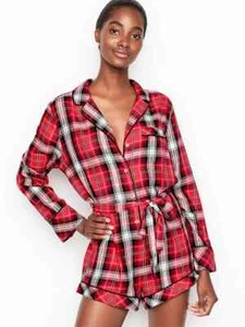 Victoria's Secret Flanell Strampler zum Binden hellkirsch kariert S - Bild 1 von 3
