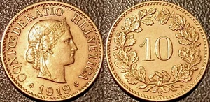 Suisse - Confédération Helvétique - 10 rappen 1919 B, Berne laiton RARE ! KM#27a - Picture 1 of 1