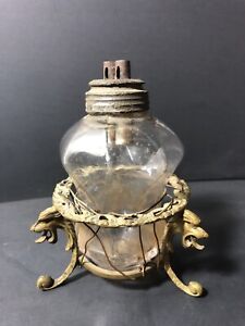 ANTIQUE DOUBLE WICK WHALE OIL LAMP BURNER on 3 LEG LION HEAD METAL STAND RARE