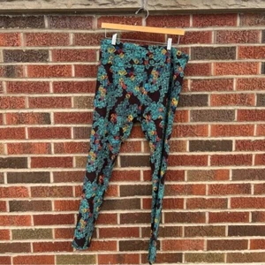 LuLaRoe Black and Teal Paisley Patterned Mid Rise Leggings - Picture 1 of 4