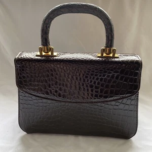 Vintage Handbag Faux Snakeskin 50s 60s Brown Gold Hardware Cocktail Snap Handle - Picture 1 of 10