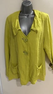 Q’Neel Chartreuse Green Flax Linen Blend Layering Jacket Pockets Size 14 - Picture 1 of 12
