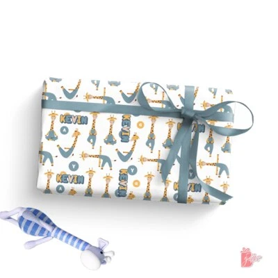 Cute Giraffe Print Personalized Birthday Wrapping Paper with Name Gift Wrap - Image 1 of 4