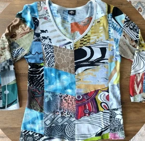 MissNicky Damen Top Medium Mehrfarbig Boho Patchwork Abstrakt Print V-Ausschnitt  - Bild 1 von 12