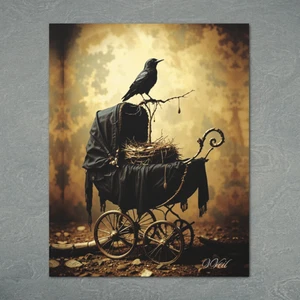 Gothic Victorian Raven Canvas Print Dark Academia Baby Carriage Pram Wall Art - Picture 1 of 30