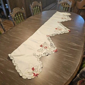 Feiertag Kamin Dekor-bestickte Weihnachtssterne, Kerzen und Stechpalmen Beeren 47x20 - Bild 1 von 8