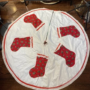 Vintage 1950s 60s Tree Skirt Handmade Stock 59” Lace Trim Mid Century Christmas - Picture 1 of 9