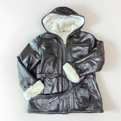 Vintage Wilson's Leather Faux Fur Lined Hooded Zip Jacket Brown Size L Waist Tie - Image 1 of 4